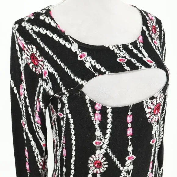 Cache Sweater Womens Medium Black Pink Low Cut Out Jewelry Print Pullover - Picture 6 of 11